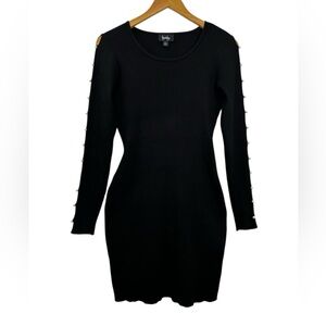 by&by Mini Sweater Dress Large Black Knit Bodycon Long Sleeve with Pearl Detail